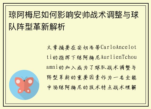 琼阿梅尼如何影响安帅战术调整与球队阵型革新解析